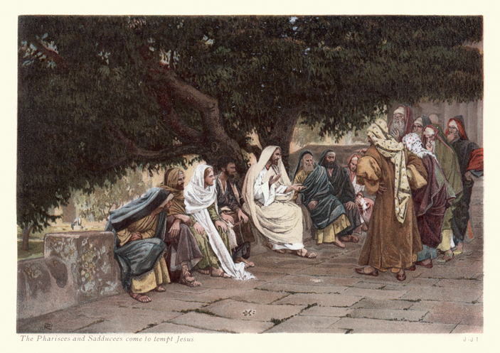 Vintage engraving of Pharisees and Sadducees come to tempt Jesus, by James Tissot