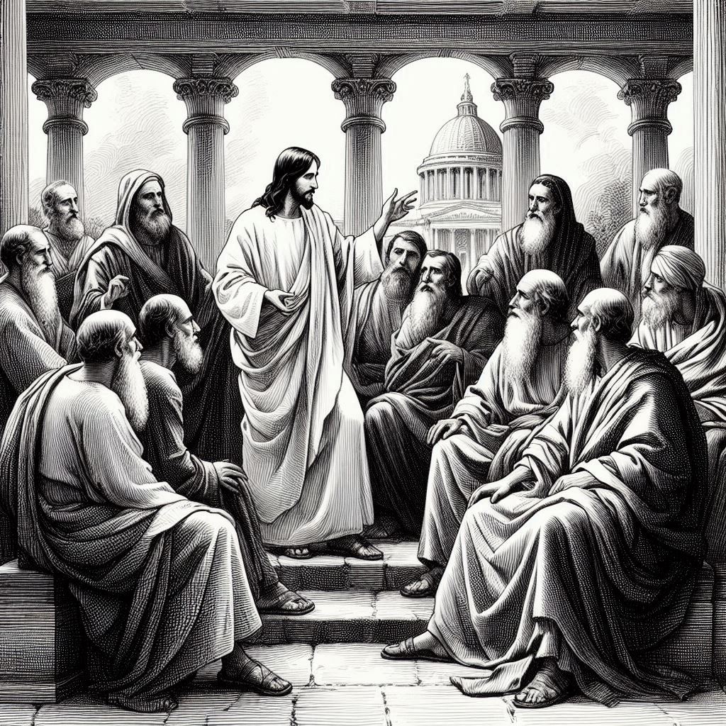 A black-and-white, finely detailed classical sketch-style illustration depicting Jesus teaching the Pharisees.