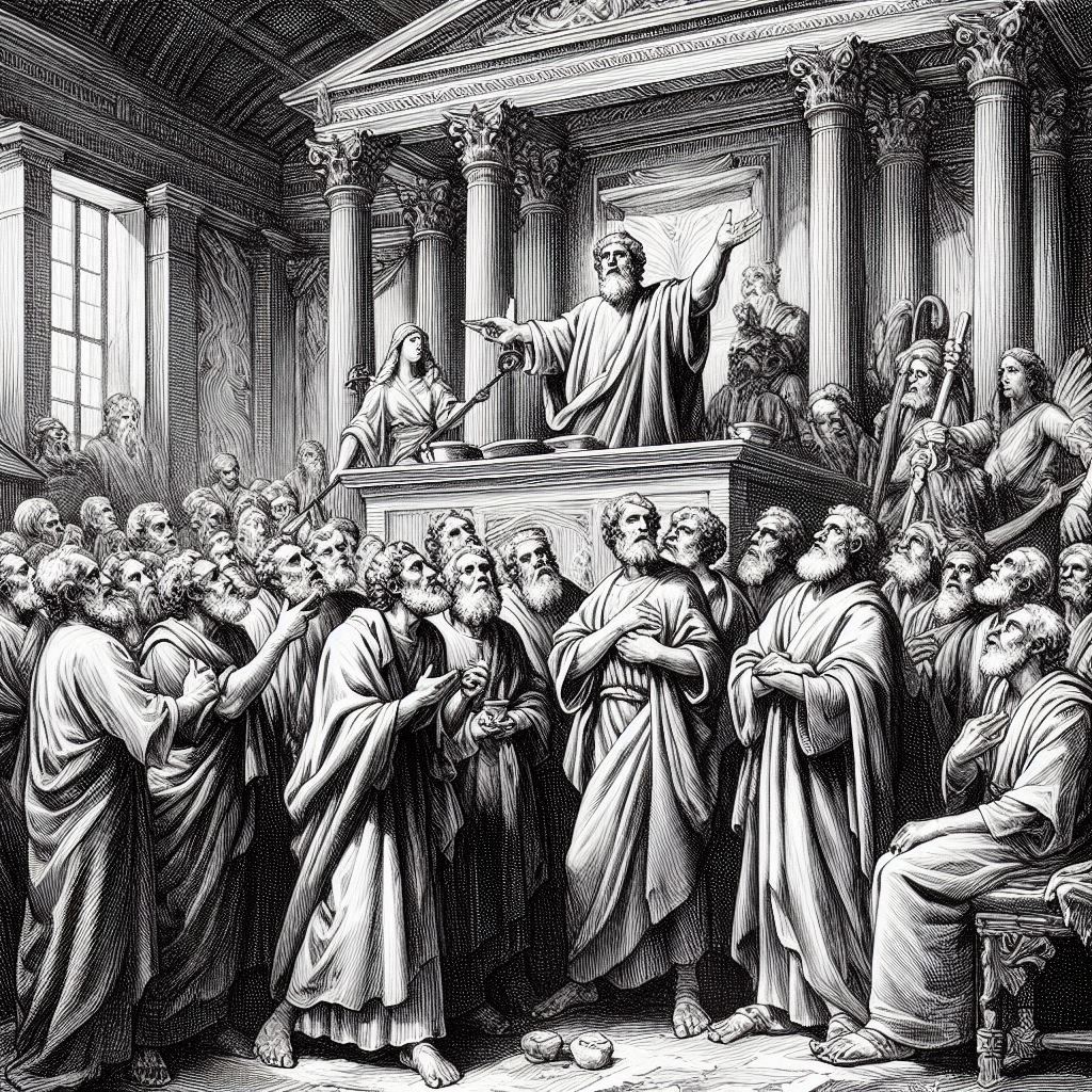 A black-and-white, finely detailed classical sketch-style illustration depicting the biblical scene of Paul being falsely accused and appealing for justice during his fourth missionary journey.