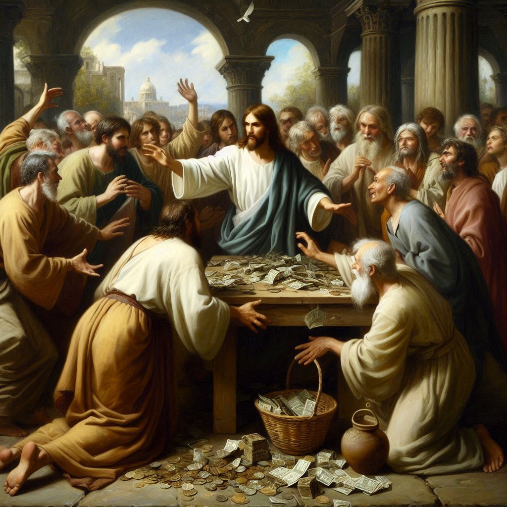 A classical oil painting depicting Jesus rebuking people and overturning the money changers' tables to cleanse the temple, inspired by the Gospel of Luke in the Bible
