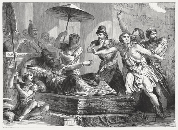 David feigning madness before Achish, king of Gath (1 Samuel 21, 13 - 16). Wood engraving, published in 1886.