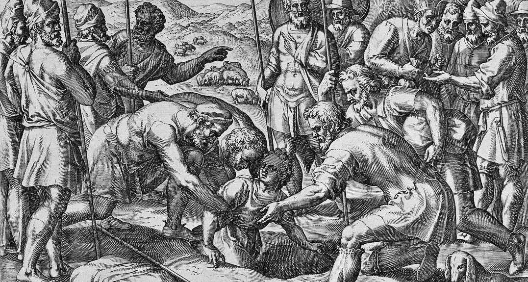 joseph-is-dragged-from-the-pit-and-sold-by-his-brothers-to-a-company-of-passing-midianites.-line-engraving-by-g.-de-jode